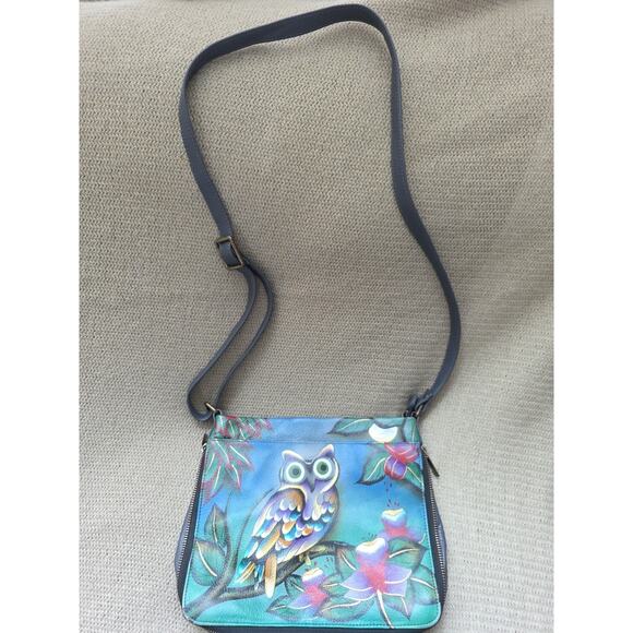 ANUSCHKA Hand Painted Leather Zip Top Midnight Owl Crossbody Handbag Zip Expandr - Picture 2 of 7